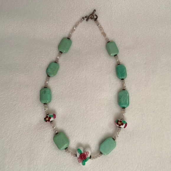 Handmade Jewelry - Green Gemstone and Glass Heart Beaded Handmade 17” Necklace
